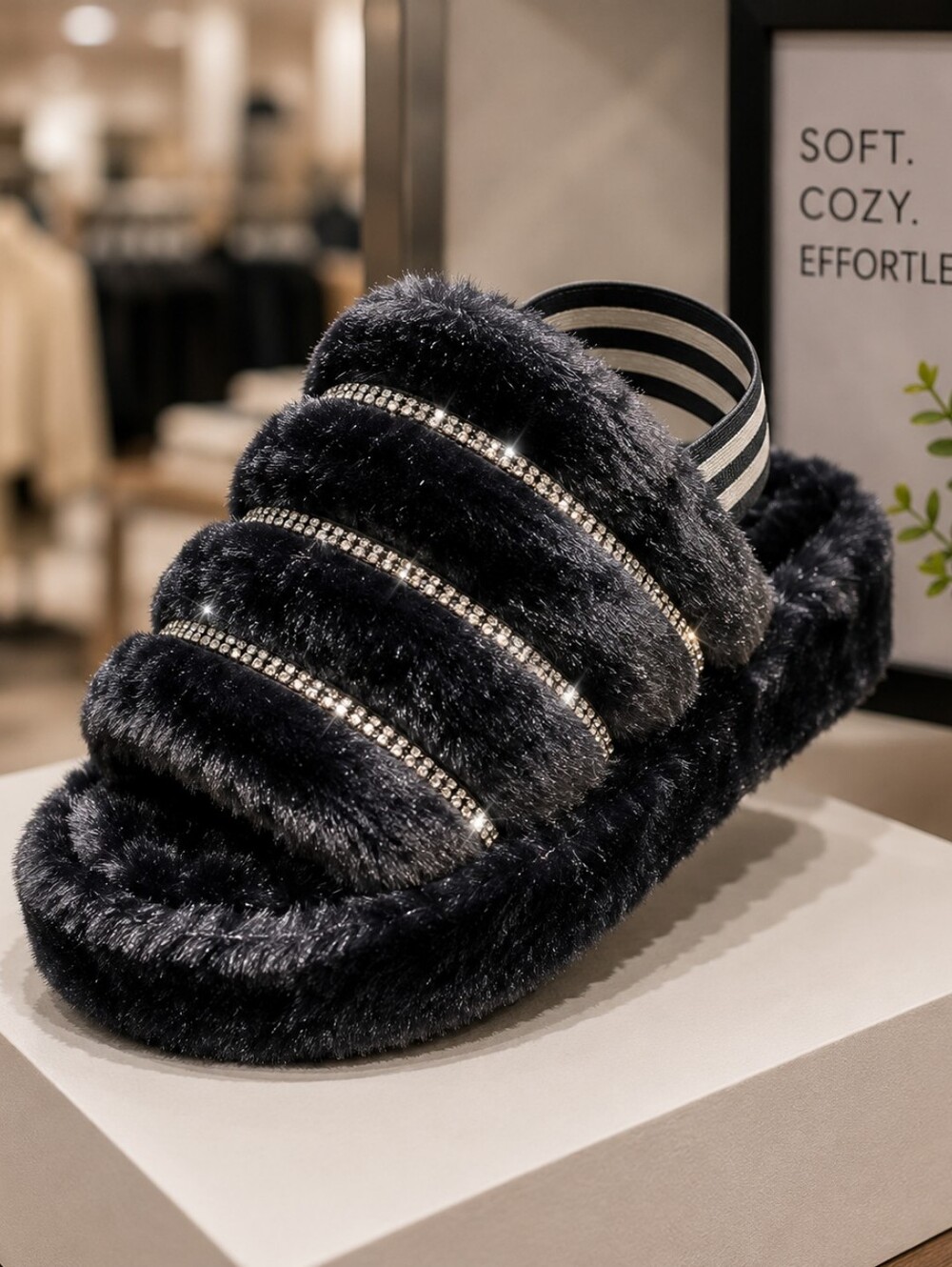 Faux Fur Slip-On Slide - Black